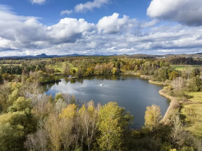 Framed Print : Aerial view of Lake Boehringen with autumn vegetation