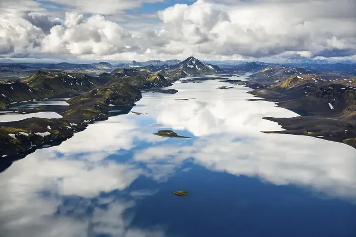 Framed Print : Aerial view, Lake Langisjor, moss-covered mountains