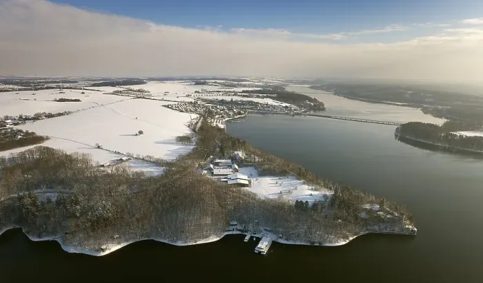 Framed Print : Aerial view, Lake Moehnesee, dam Framed Print : Aerial view, Lake Moehnesee, dam