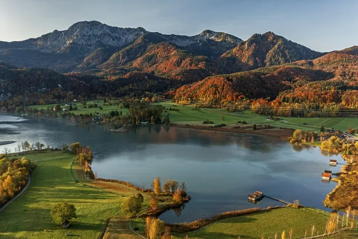 Framed Print : Aerial view of a lake in front of mountains