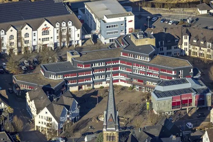Framed Print : Aerial view, Lennestadt town hall and Thomas-Morus-Platz Framed Print : Aerial view, Lennestadt town hall and Thomas-Morus-Platz