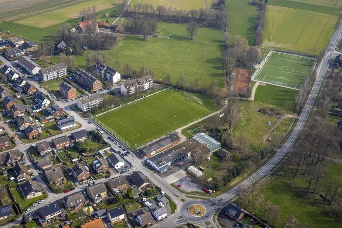 Framed Print : Aerial view, Lippborg football stadium and tennis courts