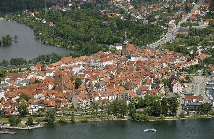 Framed Print : Aerial view, Marina Waren, half-timbered houses at the New Market