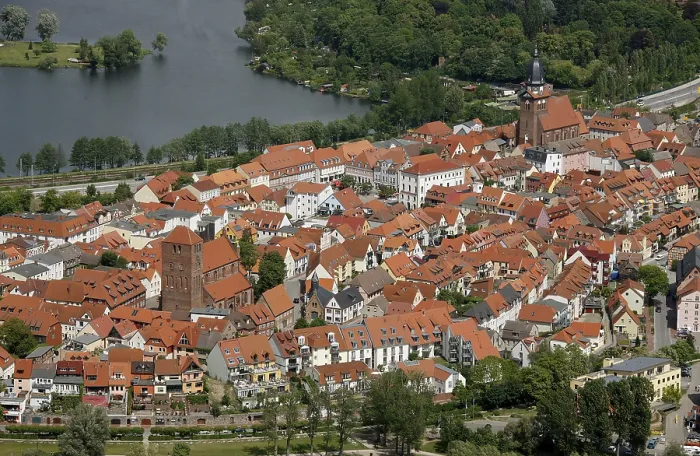 Framed Print : Aerial view, Marina Waren, half-timbered houses at the New Market