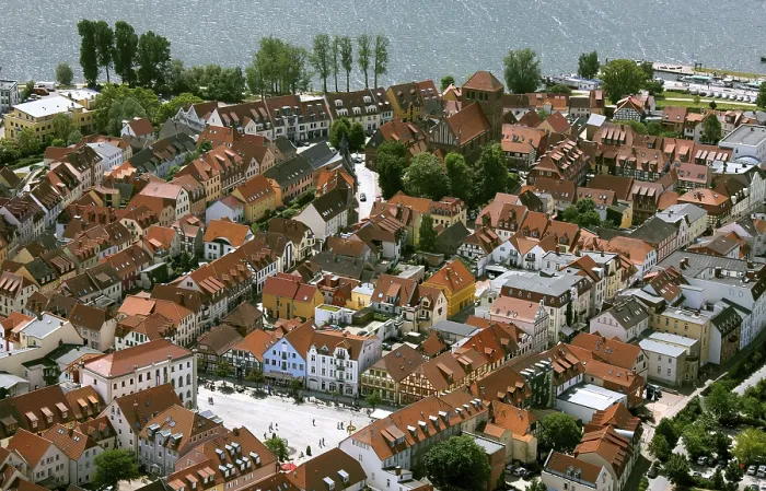 Framed Print : Aerial view, Marina Waren, half-timbered houses at the New Market Framed Print : Aerial view, Marina Waren, half-timbered houses at the New Market