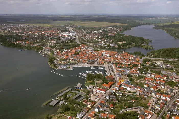 Framed Print : Aerial view, Marina Waren, half-timbered houses at the New Market