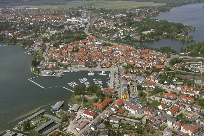 Framed Print : Aerial view, Marina Waren, half-timbered houses at the New Market