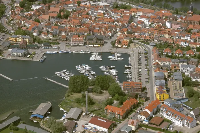 Framed Print : Aerial view, Marina Waren, half-timbered houses at the New Market Framed Print : Aerial view, Marina Waren, half-timbered houses at the New Market