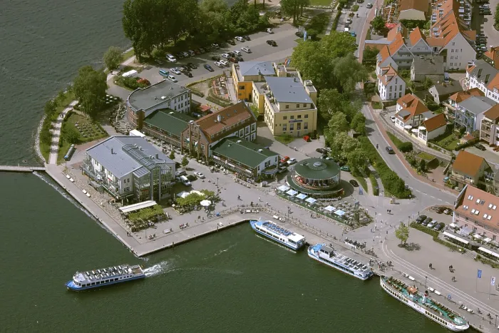Framed Print : Aerial view, Marina Waren, half-timbered houses at the New Market