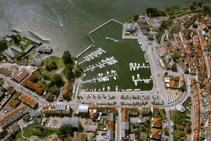 Framed Print : Aerial view, Marina Waren, half-timbered houses at the New Market