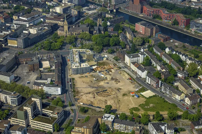 Framed Print : Aerial view, Mercator Quartier Duisburg construction project