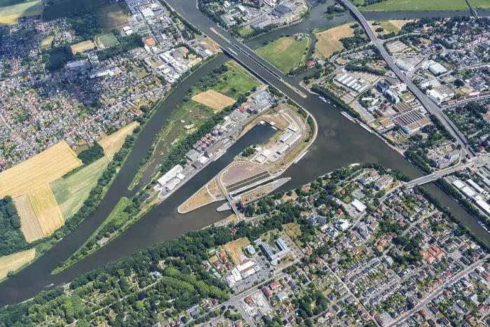 Framed Print : Aerial view of the Minden waterway junction