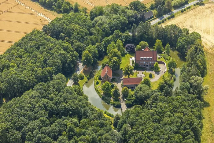 Framed Print : Aerial view, moated castle, house Bisping Framed Print : Aerial view, moated castle, house Bisping