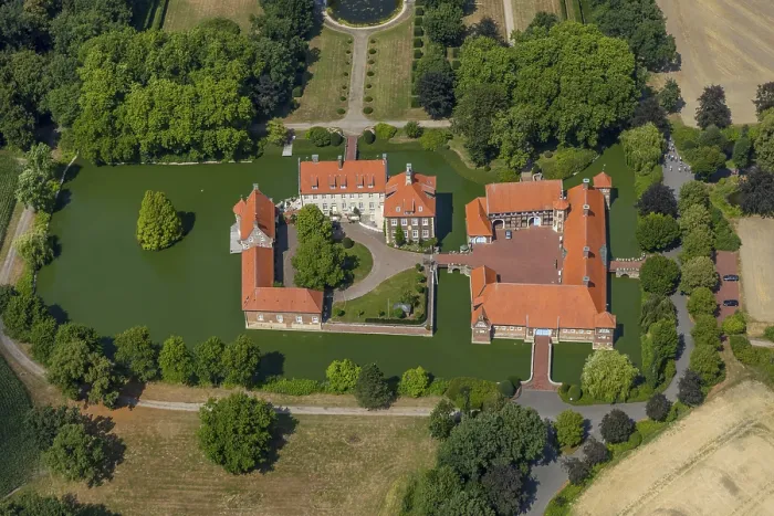 Framed Print : Aerial view, moated castle, house Borg