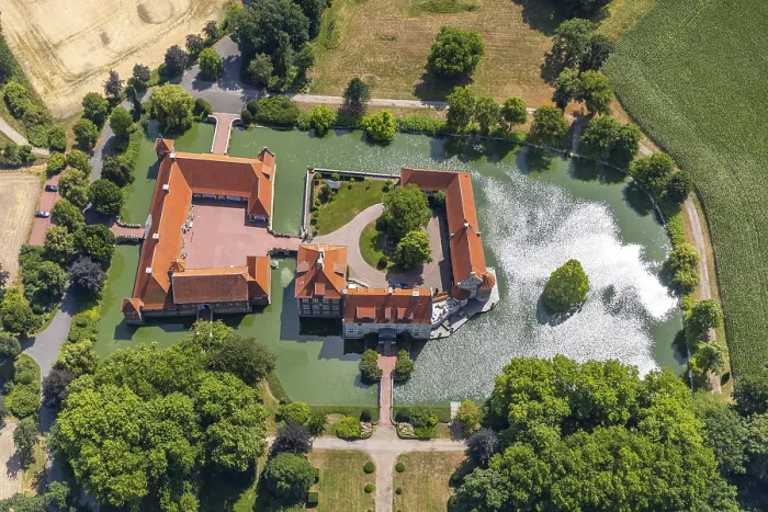 Framed Print : Aerial view, moated castle, house Borg Framed Print : Aerial view, moated castle, house Borg