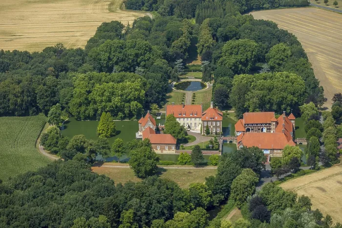 Framed Print : Aerial view, moated castle, house Borg