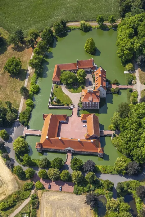 Framed Print : Aerial view, moated castle, house Borg Framed Print : Aerial view, moated castle, house Borg