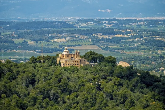 Framed Print : Aerial view, Monastery Santuari de Bonany on the Puig de Bonany