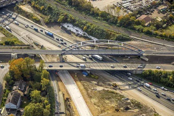 Framed Print : Aerial view, motorway bridge at construction site motorway junction Herne