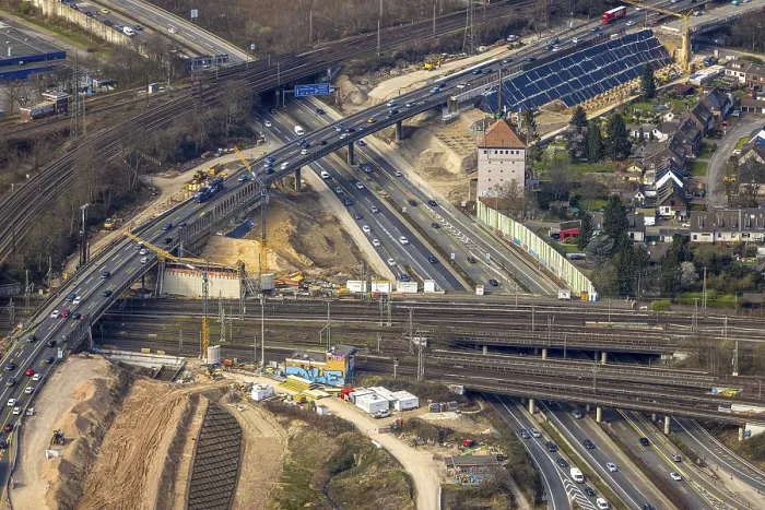 Framed Print : Aerial view, motorway junction Kaiserberg of the motorways A40 and A3 with construction sites
