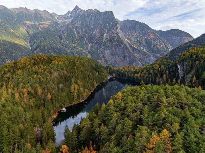 Framed Print : Aerial view, mountain peaks of the Oetztal Alps reflected in Lake Piburger See