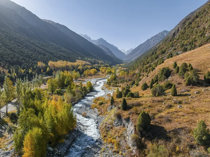 Framed Print : Aerial view, mountain stream Ala Archa flows through the Ala Archa valley Framed Print : Aerial view, mountain stream Ala Archa flows through the Ala Archa valley