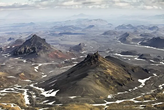 Framed Print : Aerial view of mountains and the desert-like Odathahraun landscape