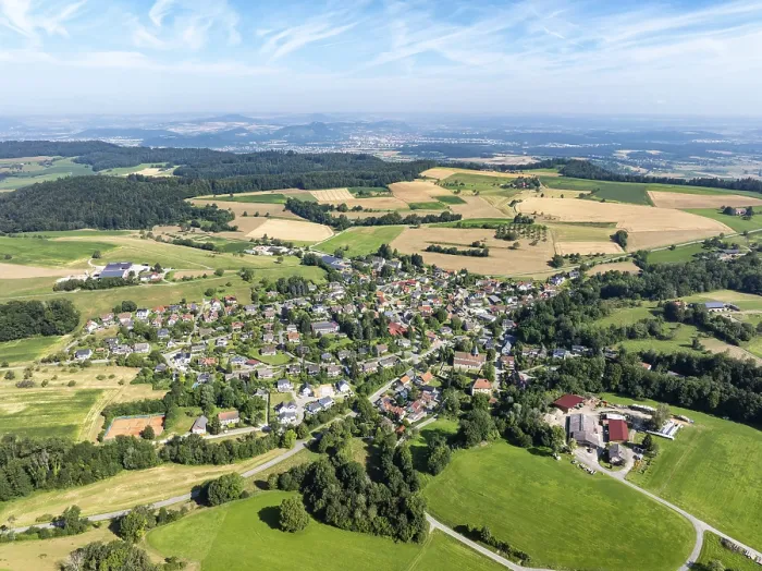 Framed Print : Aerial view of the municipality of Schienen on the Schienerberg mountain range