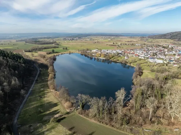 Framed Print : Aerial view of the municipality of Steißlingen with the natural bathing lake Steißlinger See, Hegau, district of Constance, Baden-Württemberg, Germany, Europe