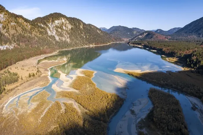 Framed Print : Aerial view, natural riverbed of the upper Isar in front of the Sylvenstein reservoir