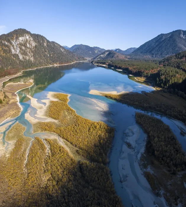 Framed Print : Aerial view, natural riverbed of the upper Isar in front of the Sylvenstein reservoir