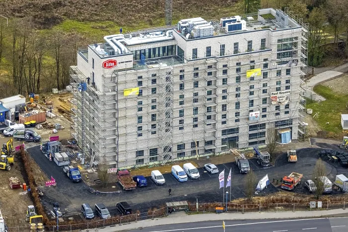 Framed Print : Aerial view, new construction site with scaffolding at Hotel Aiden by Best Western Velbert