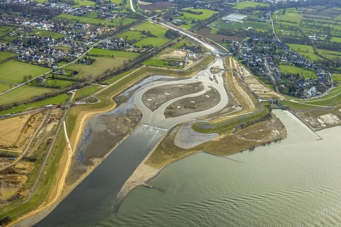 Framed Print : Aerial view, New Emscher estuary into the river Rhine