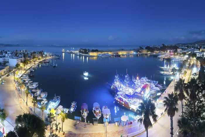 Framed Print : Aerial view, night view, Mandraki harbor