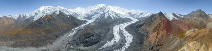 Framed Print : Aerial view, panorama, high mountain landscape with glacier moraines and glacier tongues