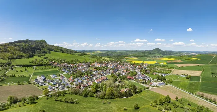 Framed Print : Aerial view, panorama, view of the municipality Weiterdingen in Hegau