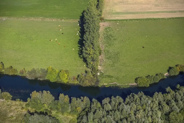 Framed Print : Aerial view, pastures and group of trees in the Lippe floodplains