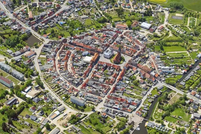 Framed Print : Aerial view of the Peene town of Neukalen Framed Print : Aerial view of the Peene town of Neukalen