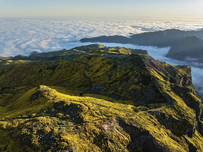 Framed Print : Aerial view at Pico do Arieiro of mountains over clouds with blooming Cytisus shrubs on sunset with sunburst Framed Print : Aerial view at Pico do Arieiro of mountains over clouds with blooming Cytisus shrubs on sunset with sunburst