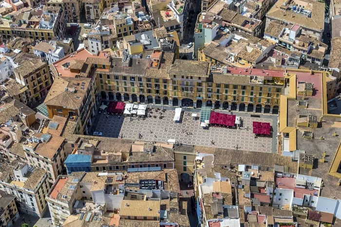 Framed Print : Aerial view, Placa Major, historic square with cafes