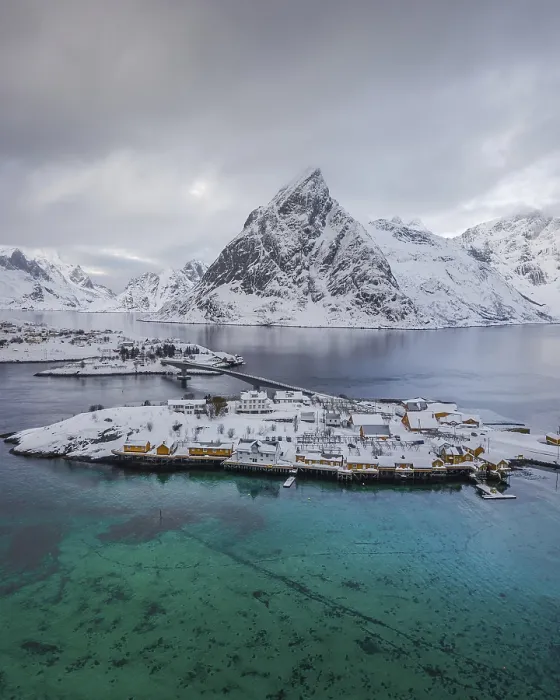 Framed Print : Aerial view, place Hamnoy in winter
