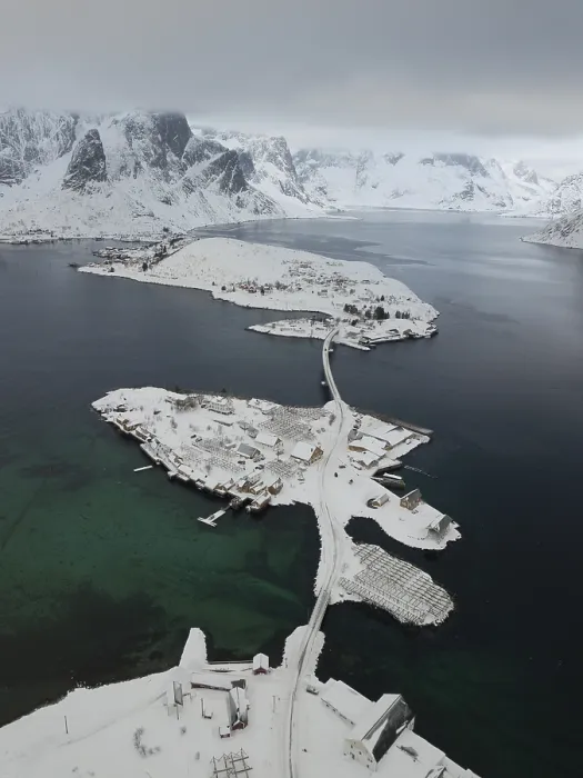 Framed Print : Aerial view, place Reine with islands in winter Framed Print : Aerial view, place Reine with islands in winter