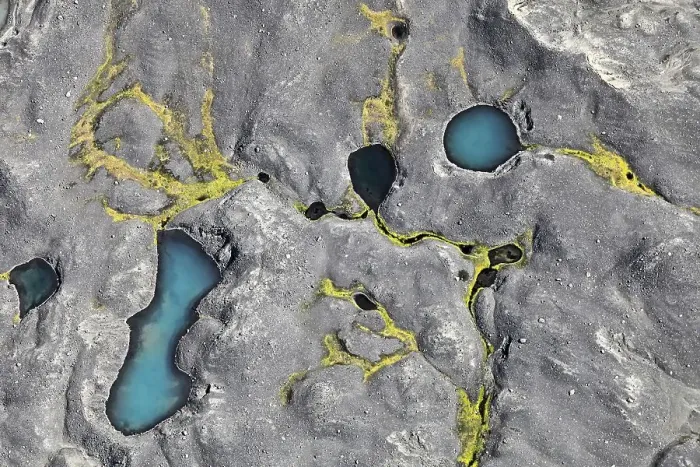 Framed Print : Aerial view, ponds and puddles left by the melting glacier Framed Print : Aerial view, ponds and puddles left by the melting glacier