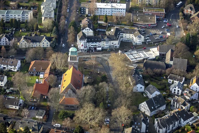 Framed Print : Aerial view, Protestant Church of the Redeemer Bochum Hiltrop