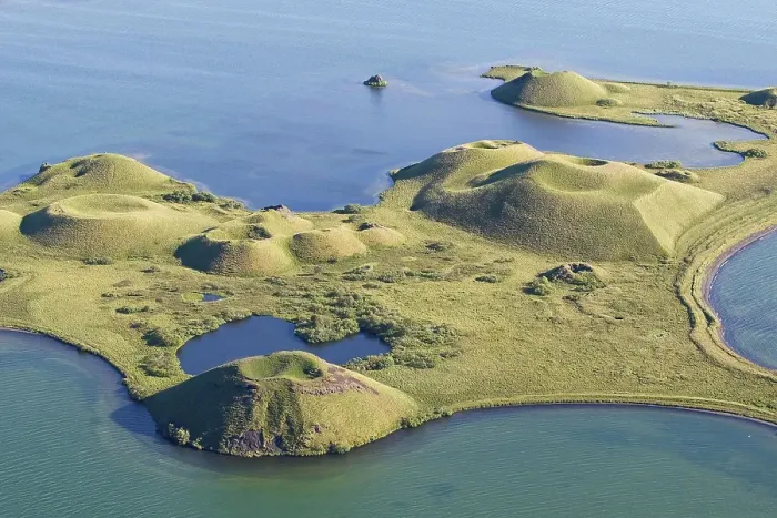 Framed Print : Aerial view, pseudo crater at Skutustaoir on Lake Myvatn Framed Print : Aerial view, pseudo crater at Skutustaoir on Lake Myvatn
