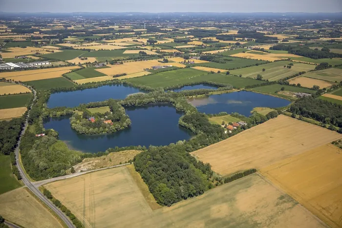 Framed Print : Aerial view, quarry lake between Liesborn and Wadersloh