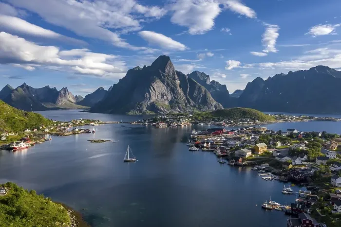 Framed Print : Aerial view Reine, Reinefjord with mountains