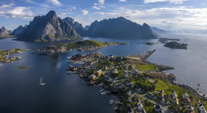 Framed Print : Aerial view Reine, Reinefjord with mountains Framed Print : Aerial view Reine, Reinefjord with mountains
