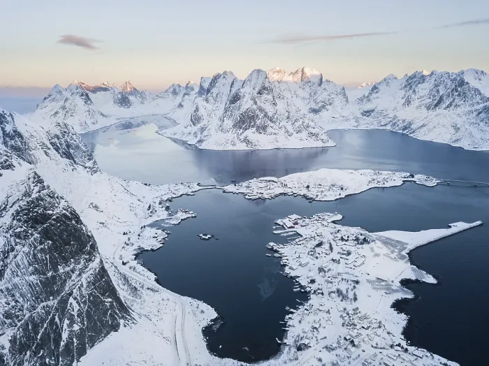 Framed Print : Aerial view, Reinefjord with snowy mountains Framed Print : Aerial view, Reinefjord with snowy mountains