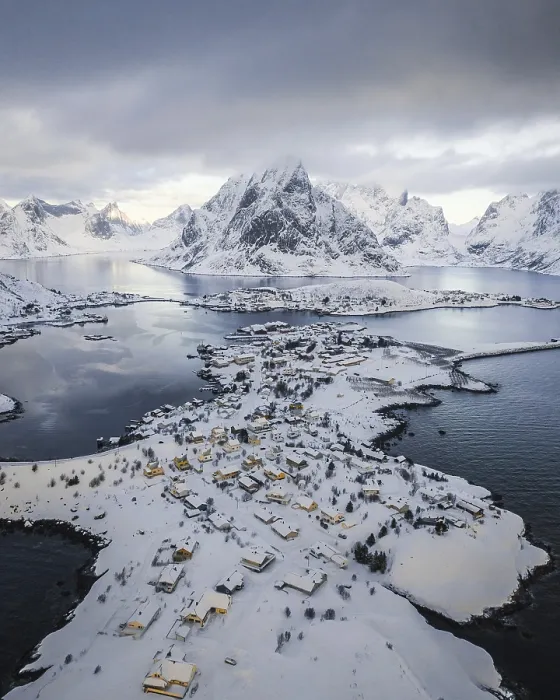 Framed Print : Aerial view, Reinefjord with snowy mountains Framed Print : Aerial view, Reinefjord with snowy mountains